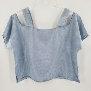 Cope Crop Top Womens Medium Cold Shoulder Cotton Linen Blend Blue White Stripe